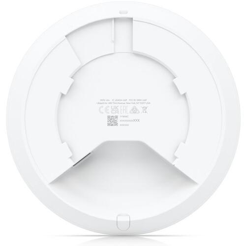 Ubiquiti UniFi U6+ (U6 Plus) WiFi 6 AP 背面視圖，內建 PoE (Power over Ethernet) 供電接口，支援壁掛與吸頂安裝，適用於企業及家用網路環境。